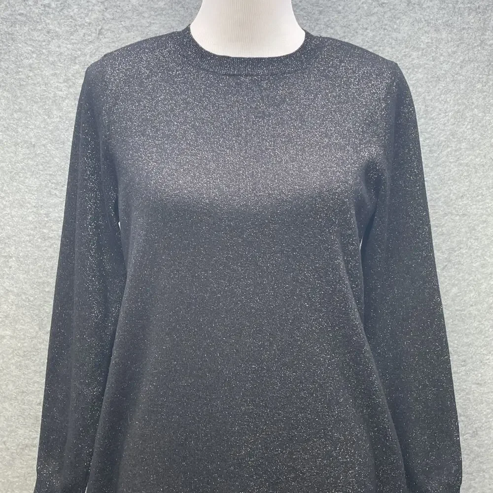 Loft Women L Black/Gold Shimmer Knit Dress Long Slv Fitted Sheath Cocktail Party